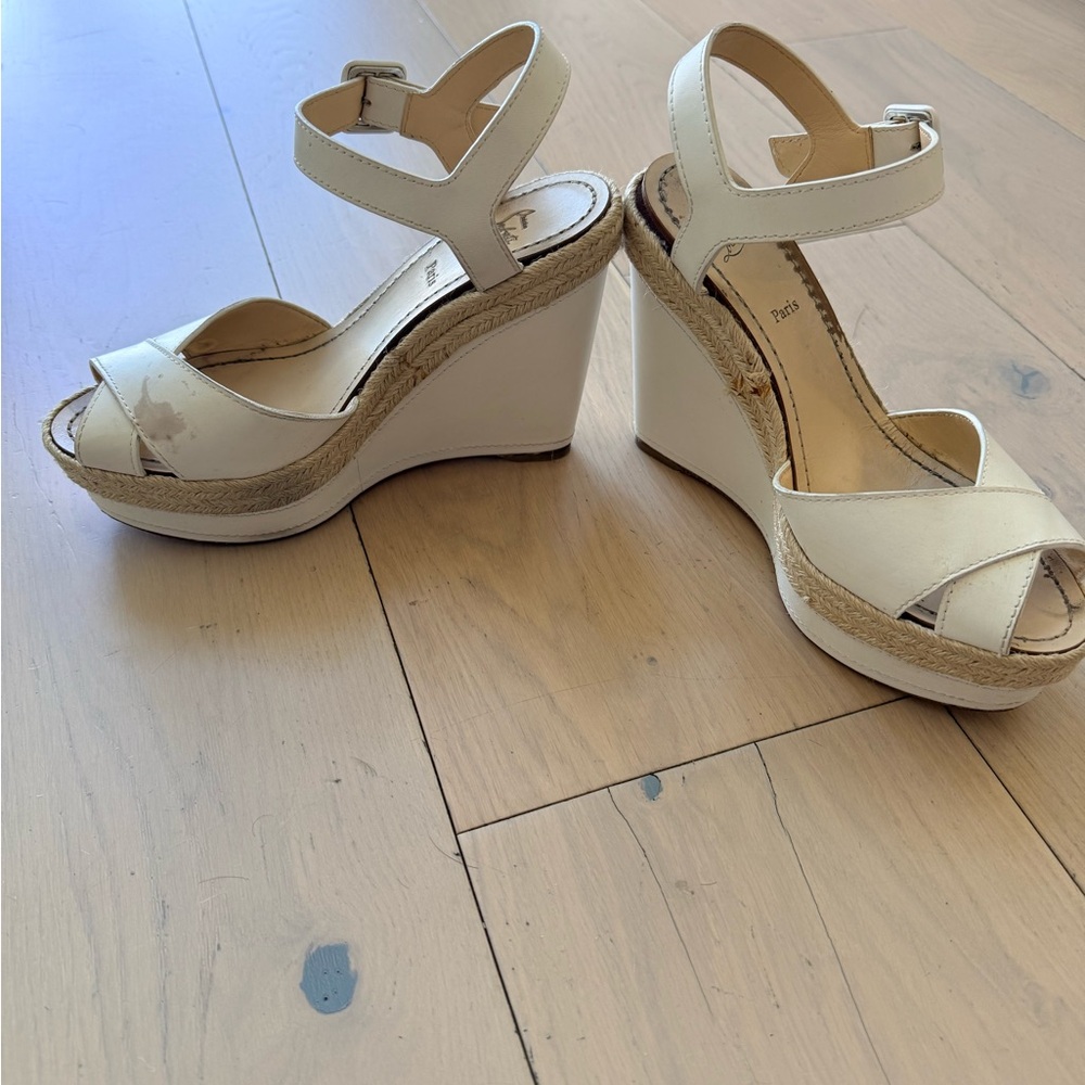 Christian Louboutin Cream White Espadrille Wedge Sandals - Picture 3 of 6